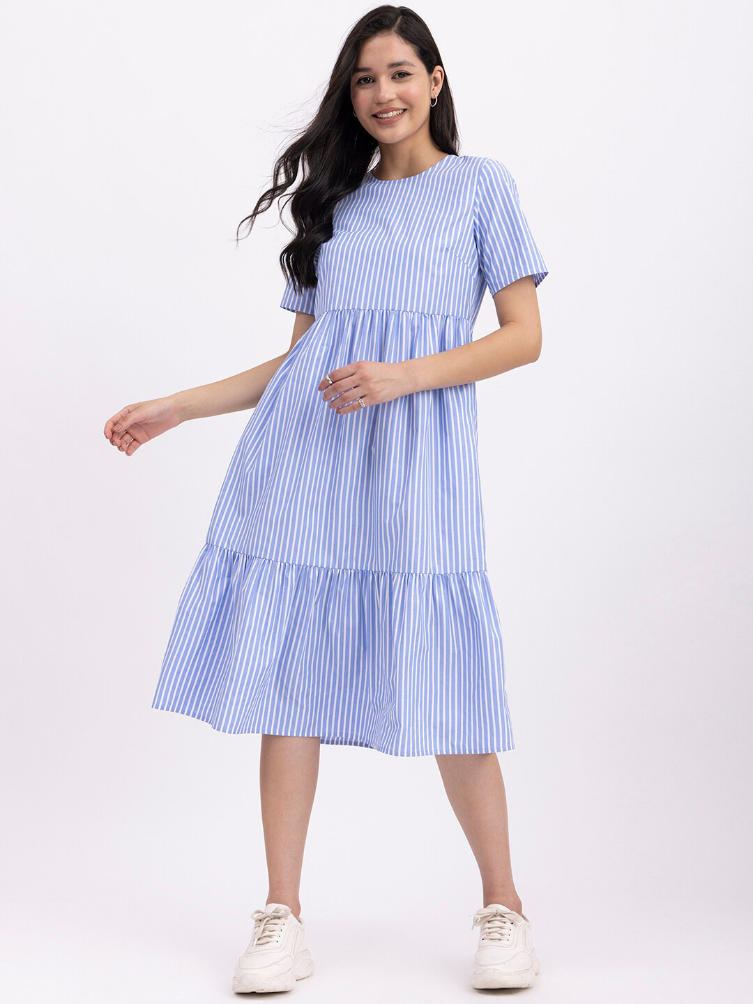 

FableStreet Striped Tiered Cotton A-Line Midi Dress, Blue