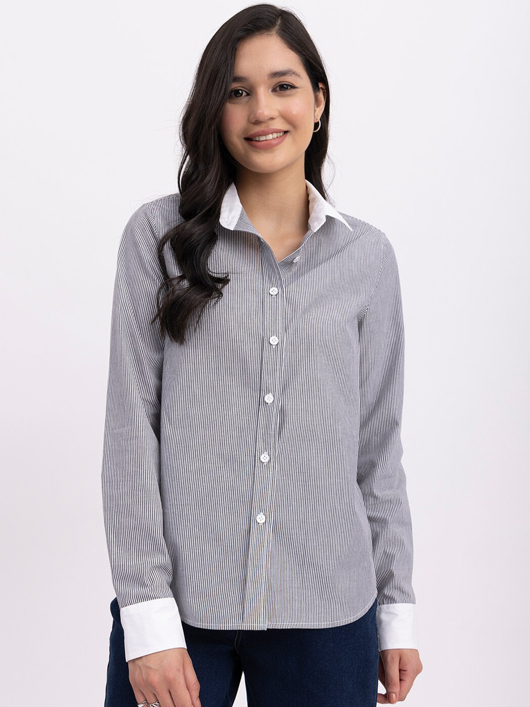 

FableStreet Classic Striped Cotton Casual Shirt, Black