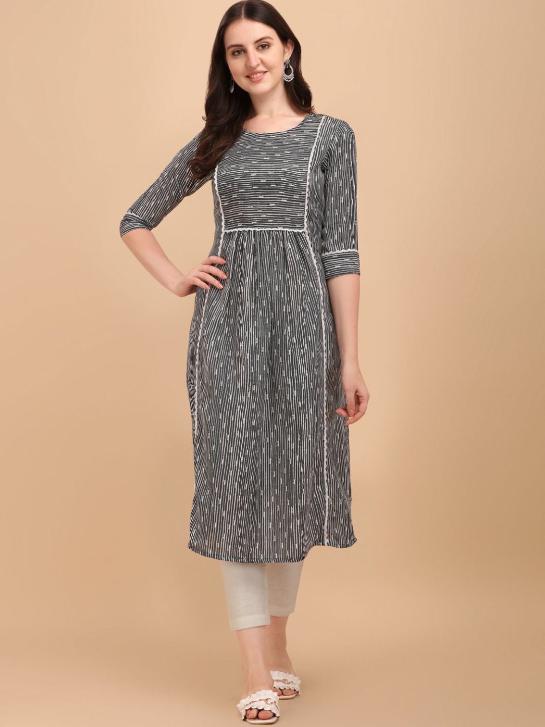

NAINVISH Pleated Striped A-Line Kurta with Trousers, Grey