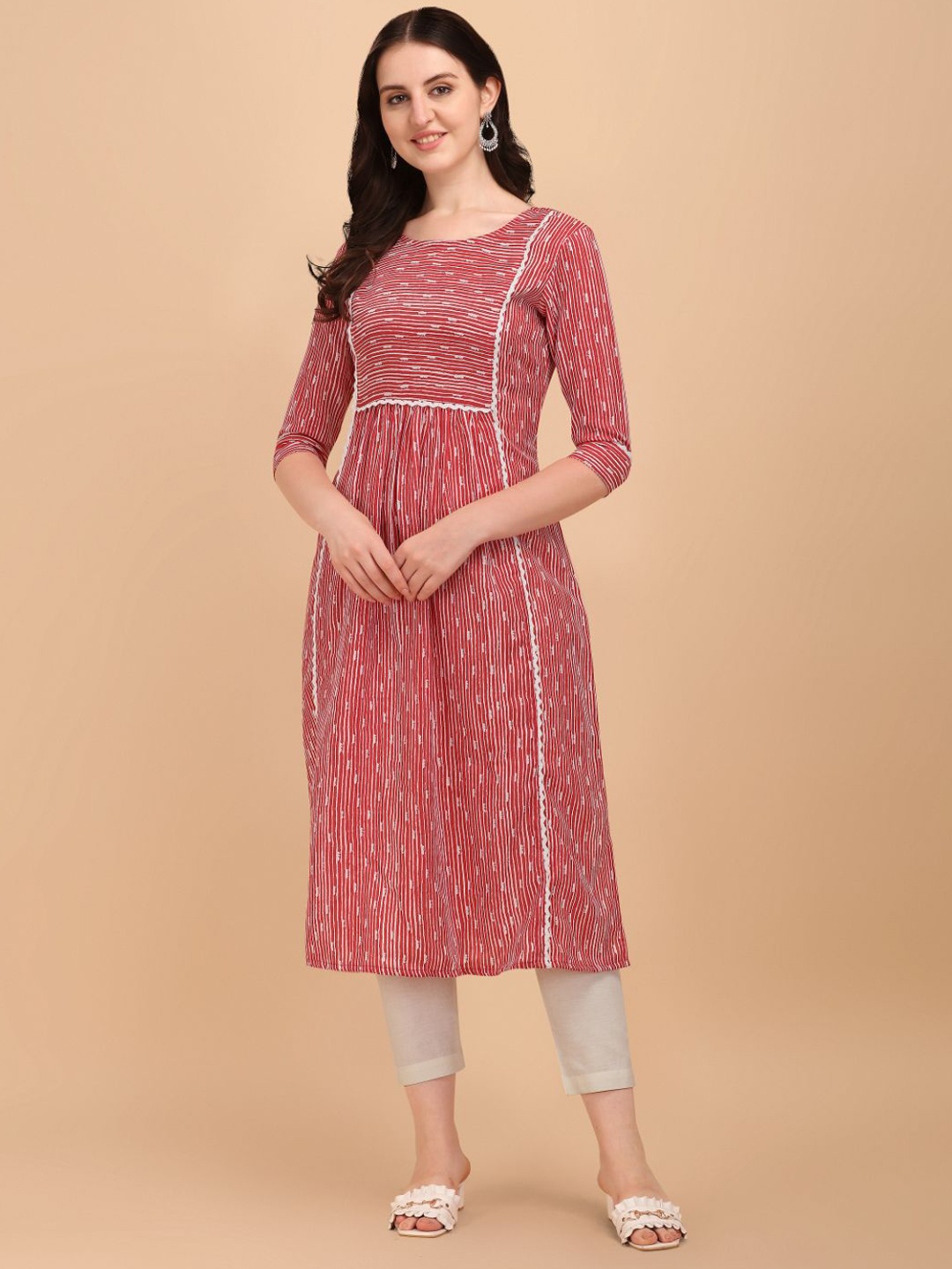 

NAINVISH Pleated Striped A-Line Kurta with Trousers, Red