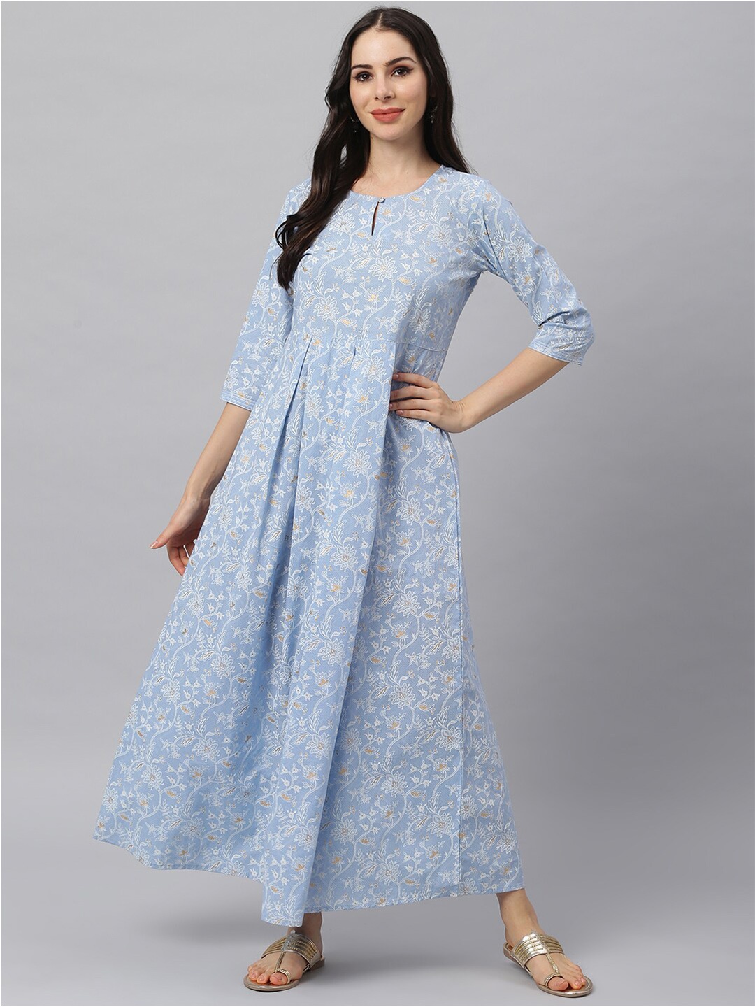 

Idalia Ethnic Motifs Print Keyhole Neck Maxi Cotton Dress, Blue