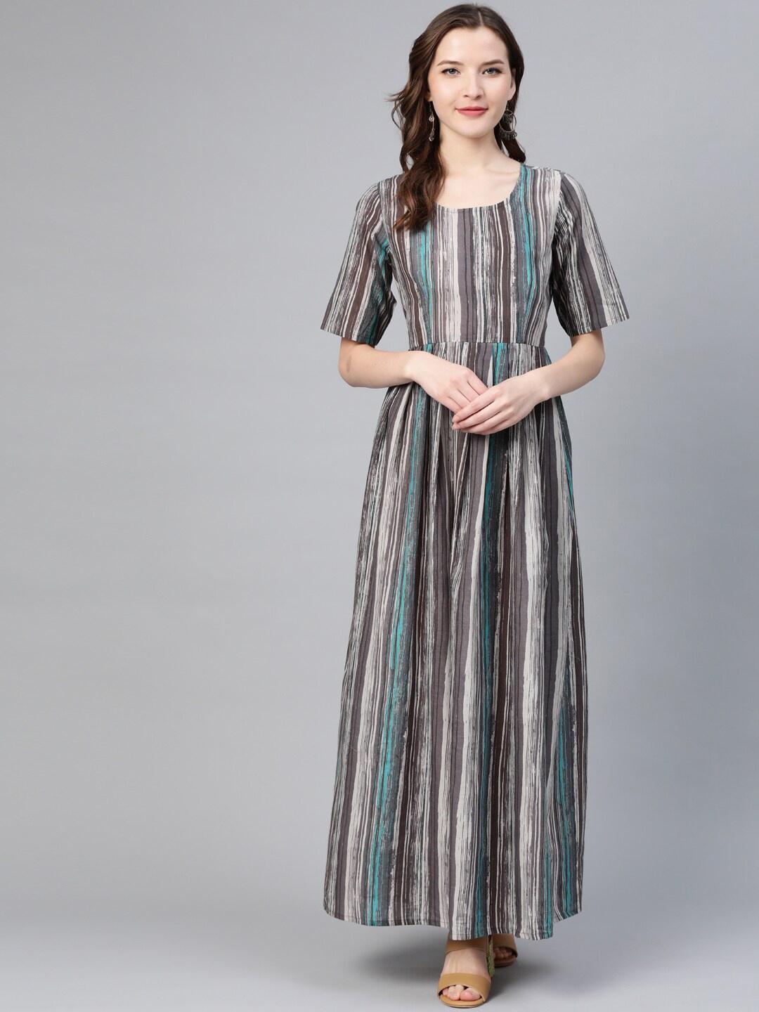 

Idalia Round Neck Striped Maxi Dress, Grey