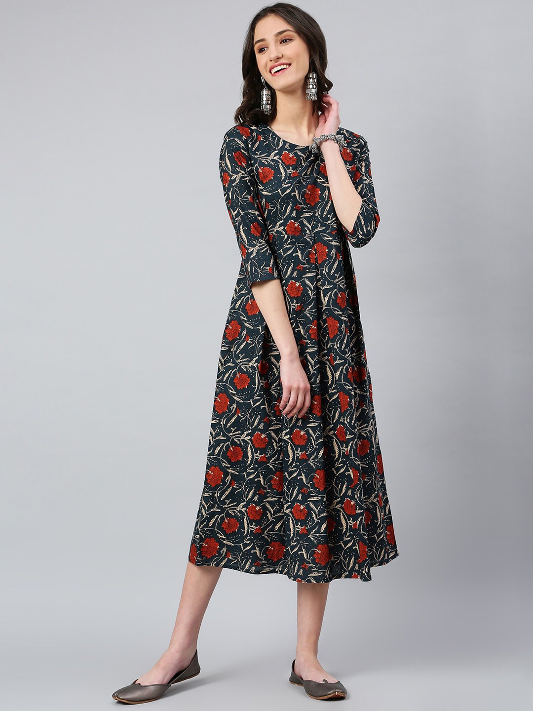 

Idalia Floral Print Formal A-Line Midi Ethnic Dress, Navy blue