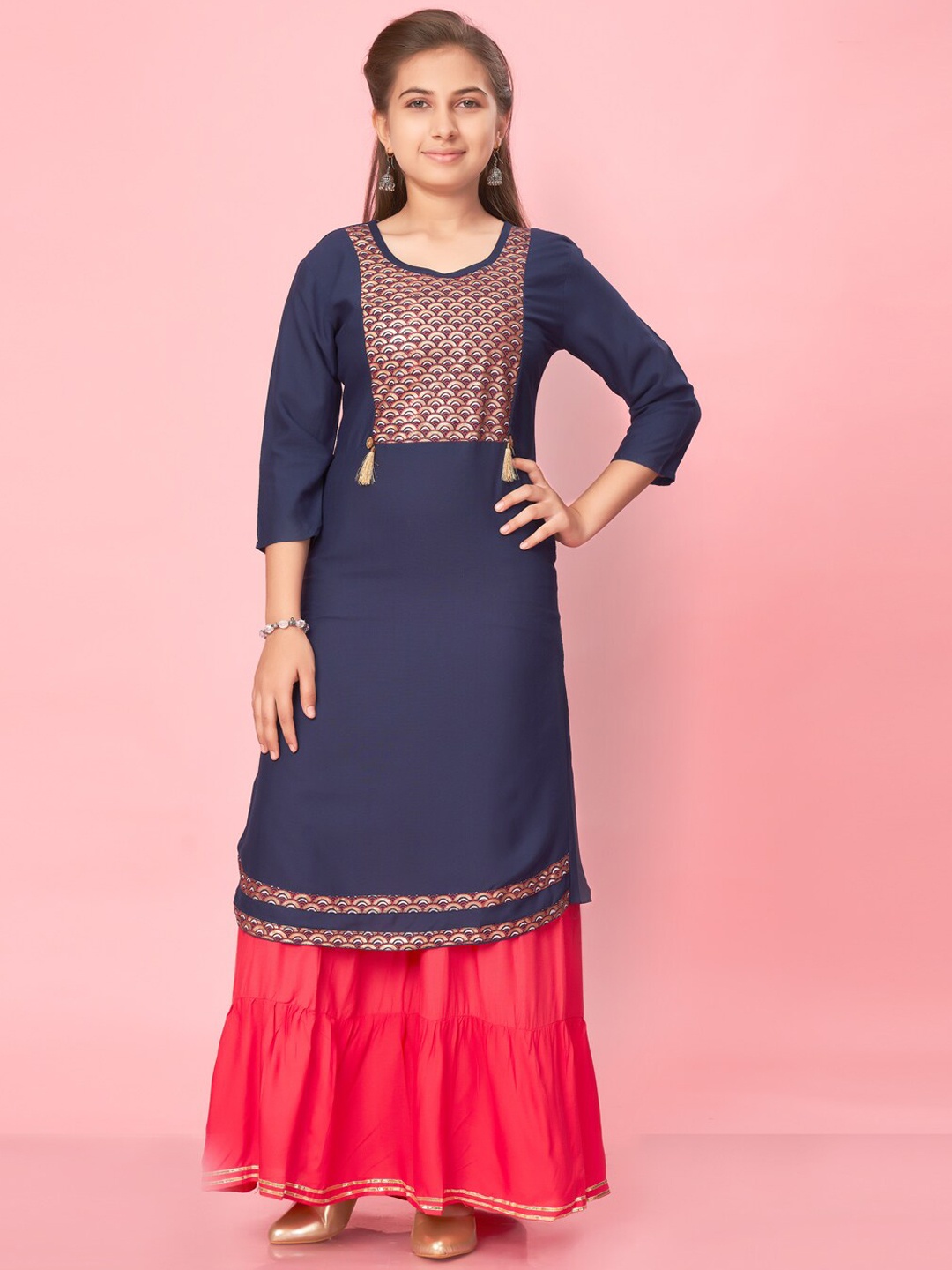 

Muhuratam Girls Ethnic Motifs Printed Pure Cotton Kurta with Skirt, Navy blue