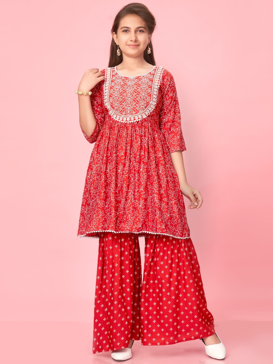 

Muhuratam Girls Ethnic Motifs Printed Pleated Thread Work Pure Cotton Kurti with Sharara, Red