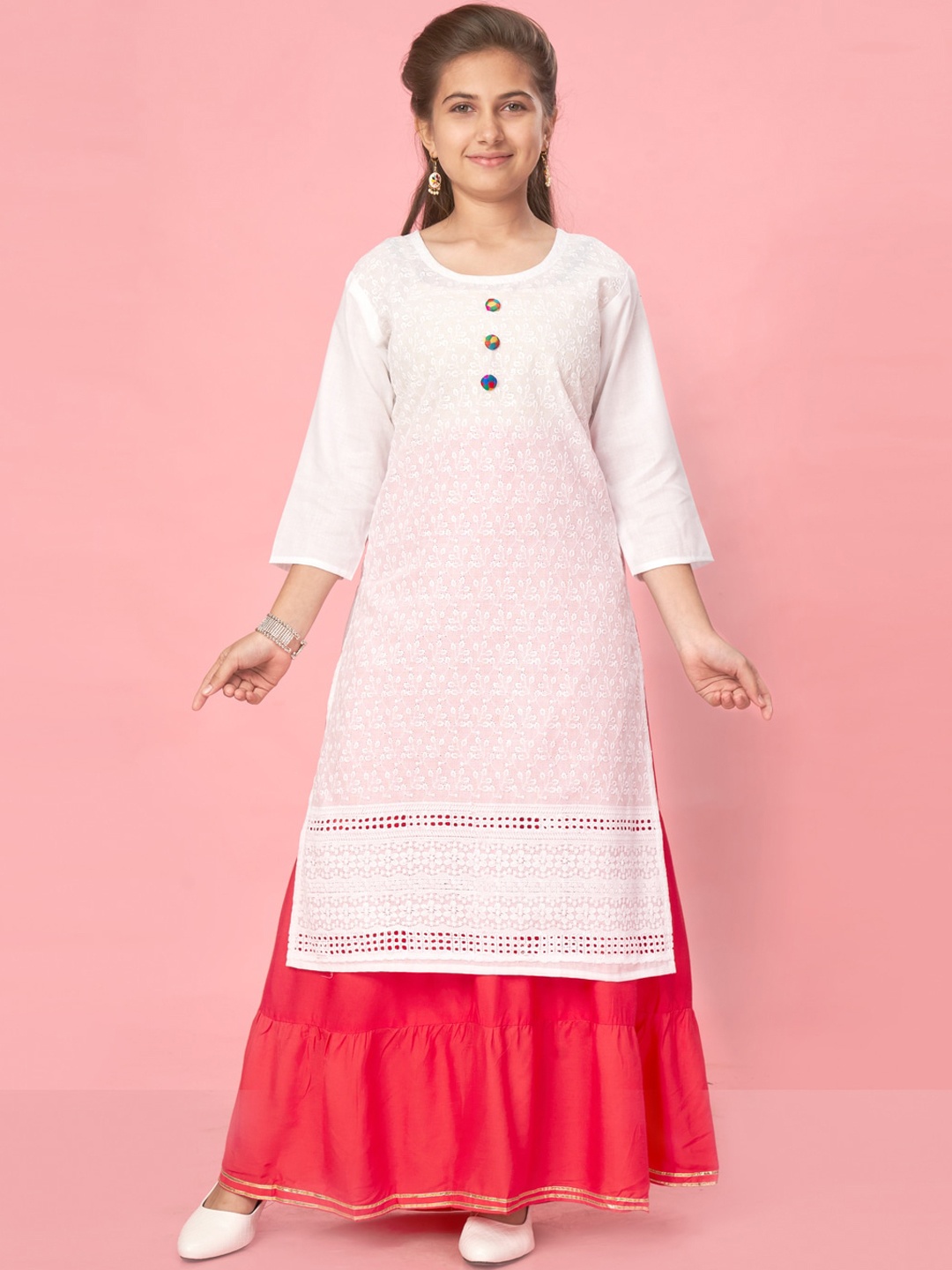 

Muhuratam Girls Ethnic Motifs Embroidered Cotton Kurta, White