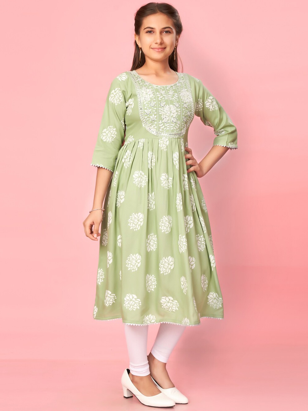 

Muhuratam Girls Floral Printed Mirror Work Pure Cotton Anarkali Kurta, Green