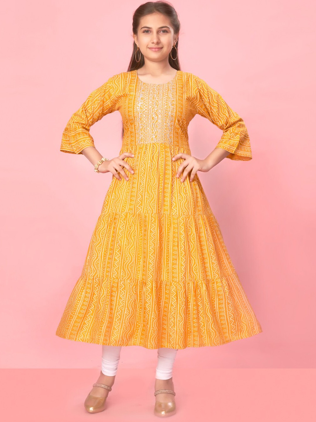 Muhuratam Girls Bandhani Printed Tiered Anarkali Kurta, Yellow