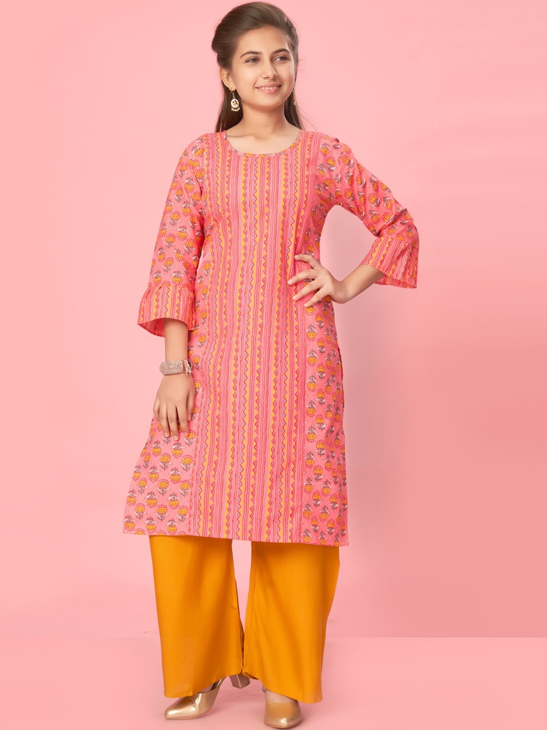 

Muhuratam Girls Floral Printed Bell Sleeves Pure Cotton Kurta, Red