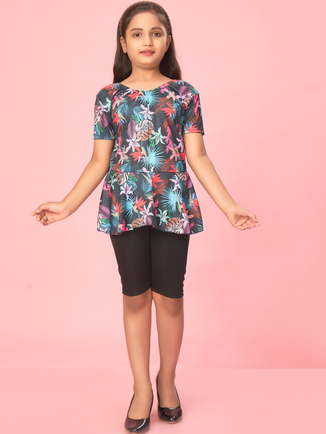 

Muhuratam Girls Floral Printed Swim Set, Black