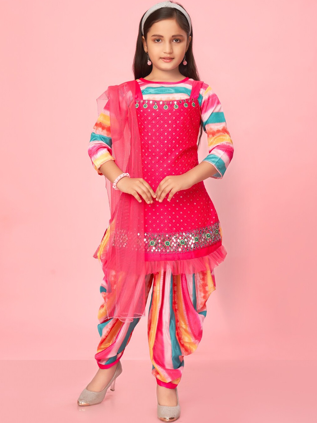 

Muhuratam Girls Embroidered Mirror Work Sequined Pure Cotton Kurti with Patiala & Dupatta, Pink