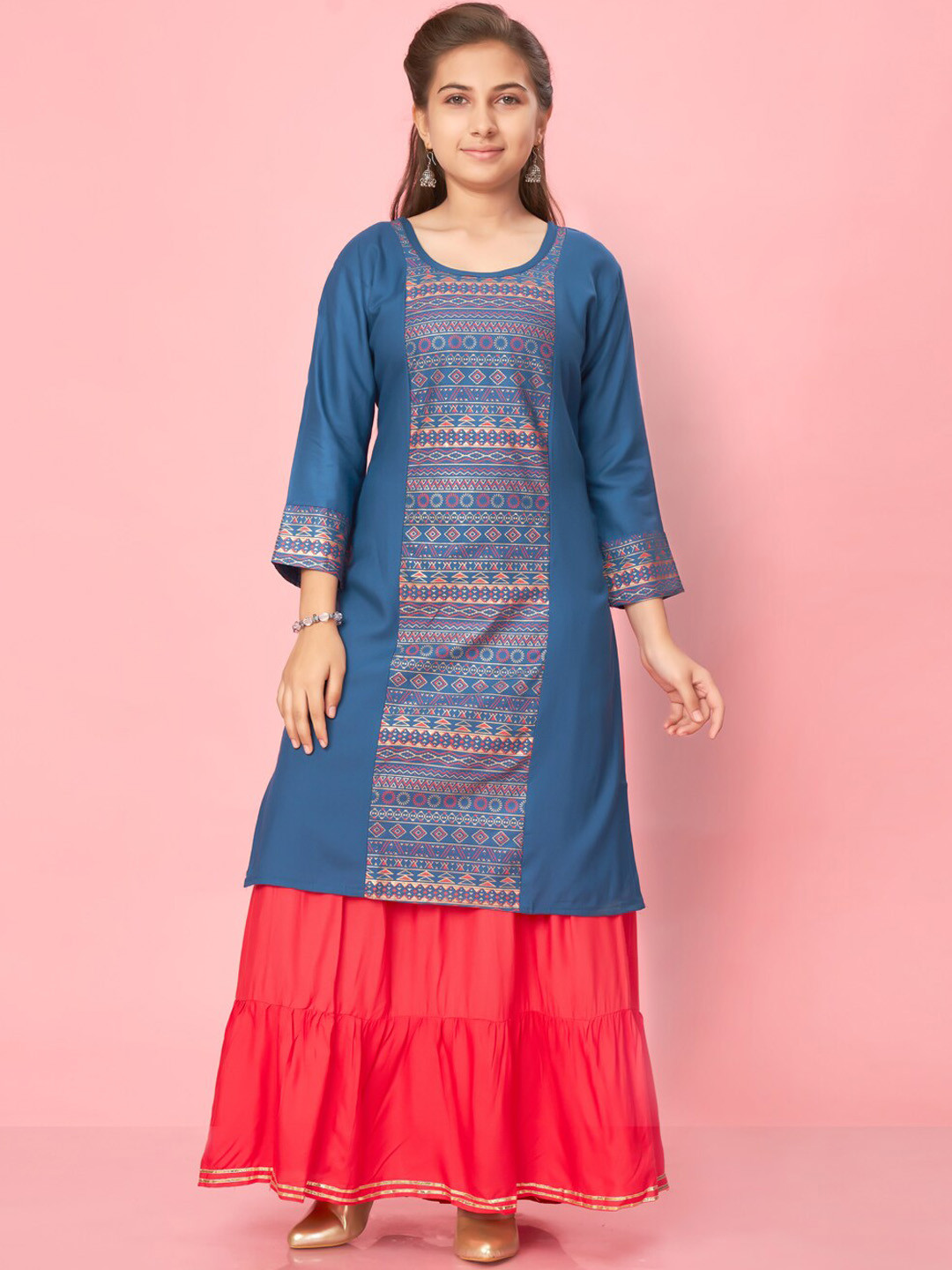 

Muhuratam Girls Ethnic Motifs Printed Pure Cotton Kurta with Skirt, Blue