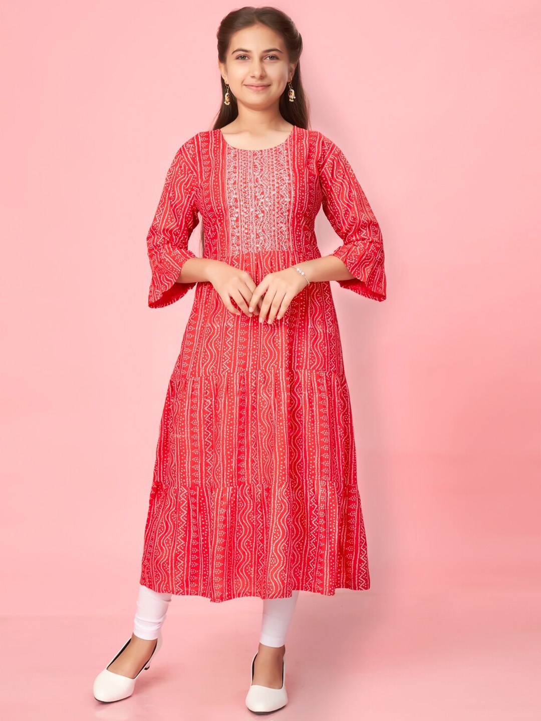 

Muhuratam Girls Bandhani Printed Sequined Anarkali Cotton Kurta, Red