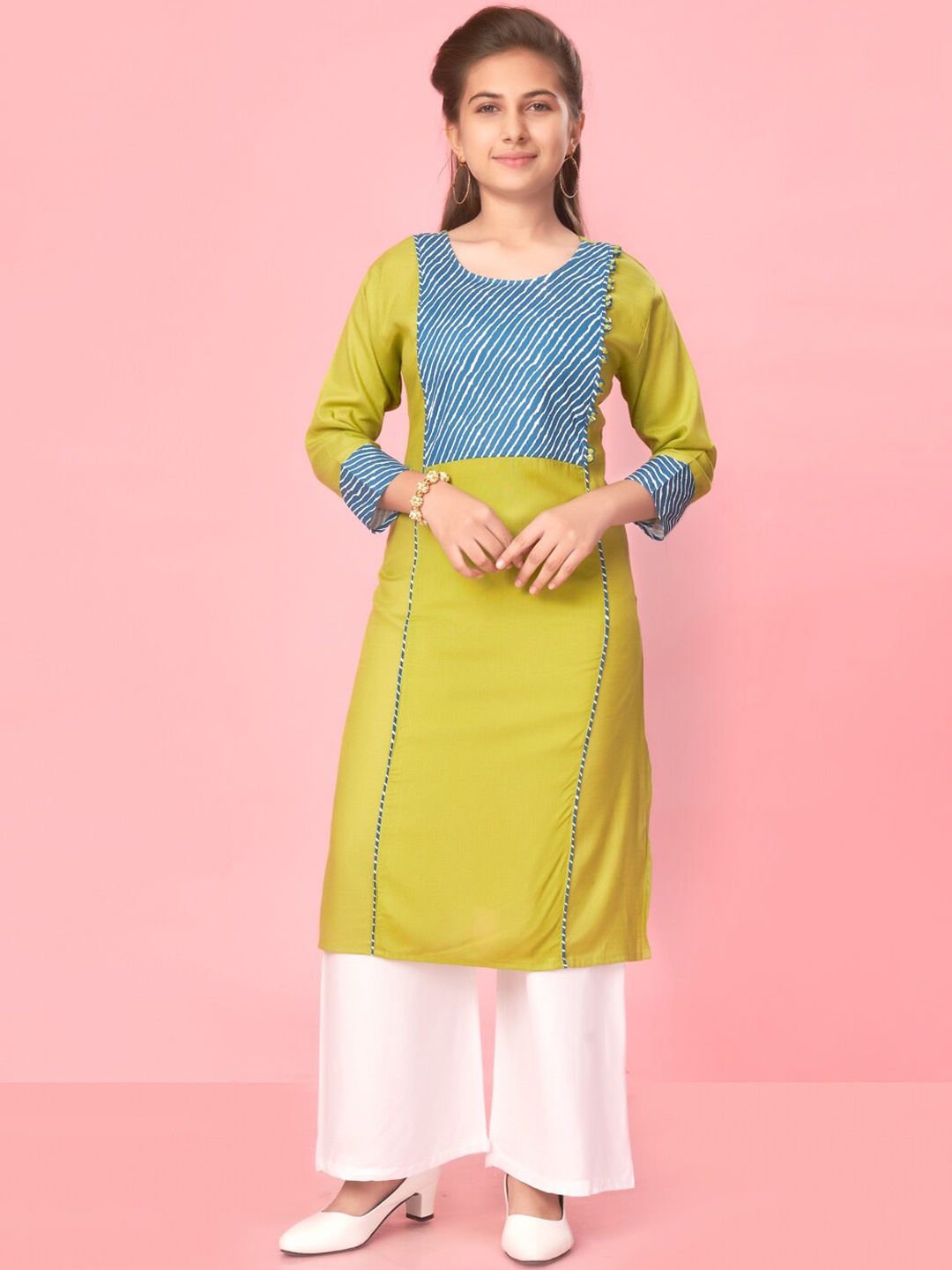 

Muhuratam Girls Leheriya Yoke Design Pure Cotton Kurta, Lime green