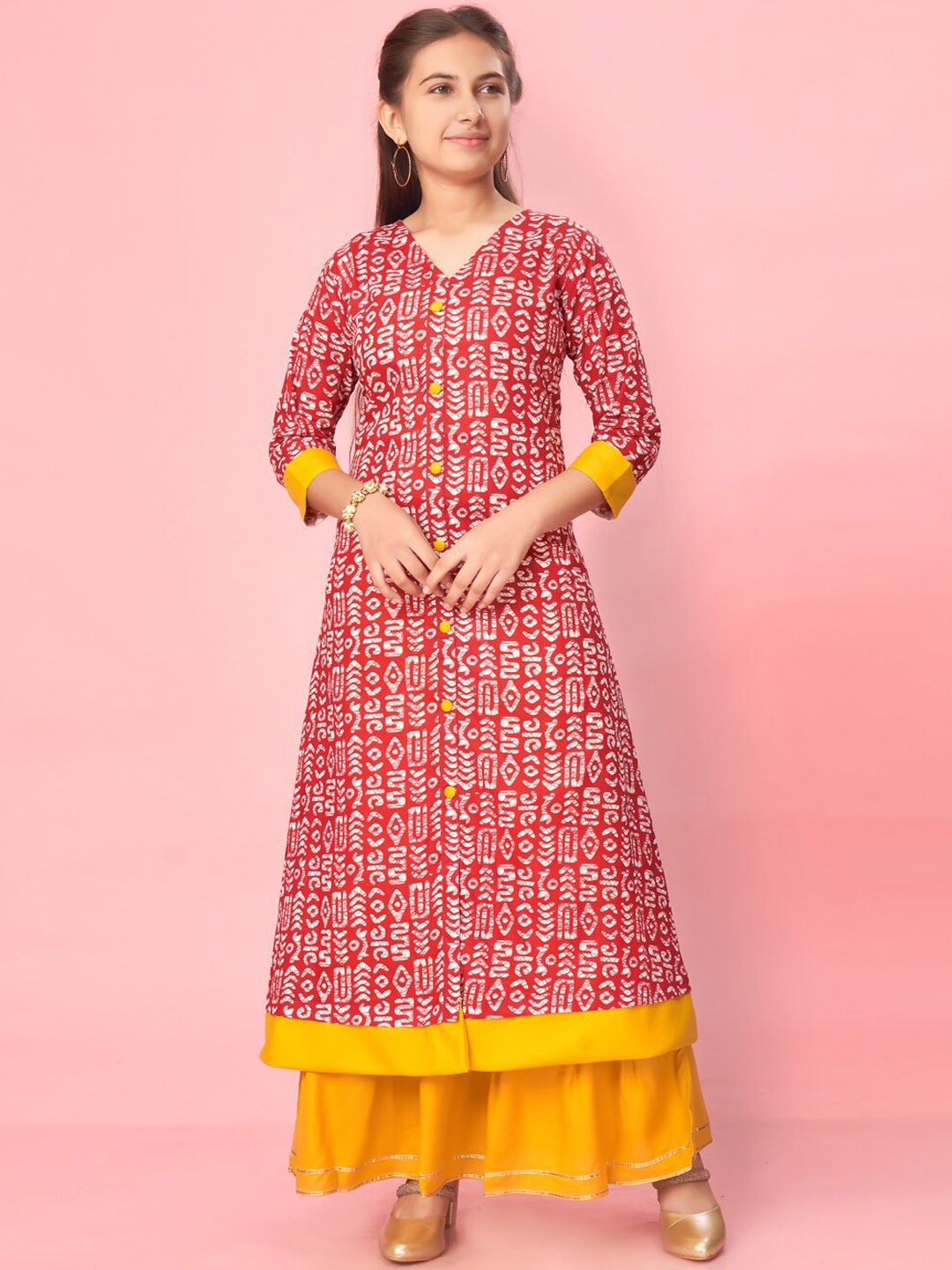 

Muhuratam Girls Ethnic Motifs Printed A-Line Cotton Kurta, Red