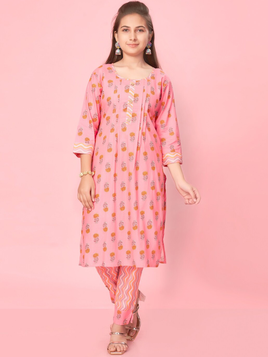 

Muhuratam Girls Floral Printed Pleated Pure Cotton Kurta with Trousers, Pink