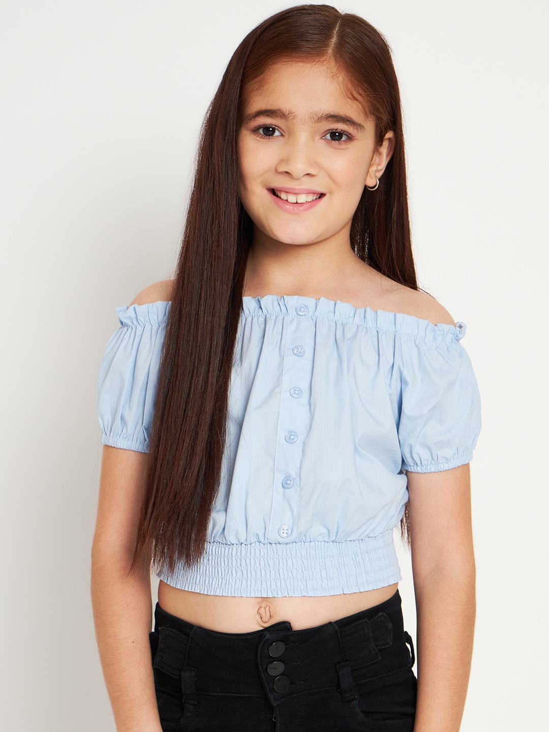 

HERE&NOW Blue Puff Sleeve Cotton Bardot Top