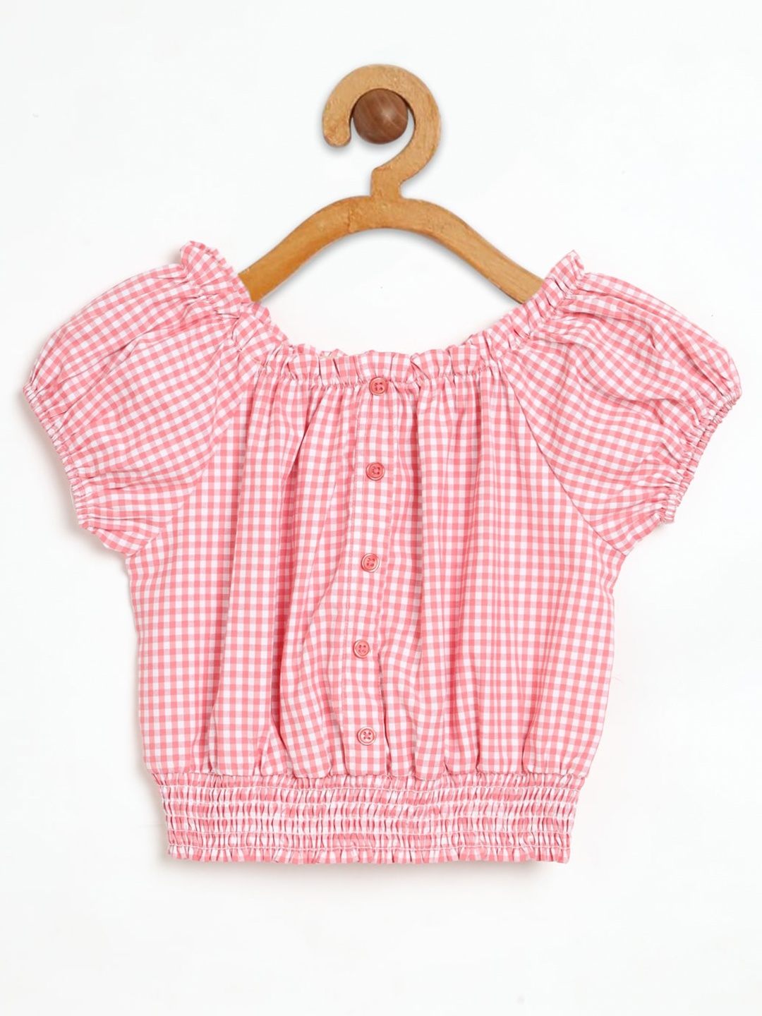 

HERE&NOW Pink Checked Off-Shoulder Puff Sleeve Cotton Bardot Top