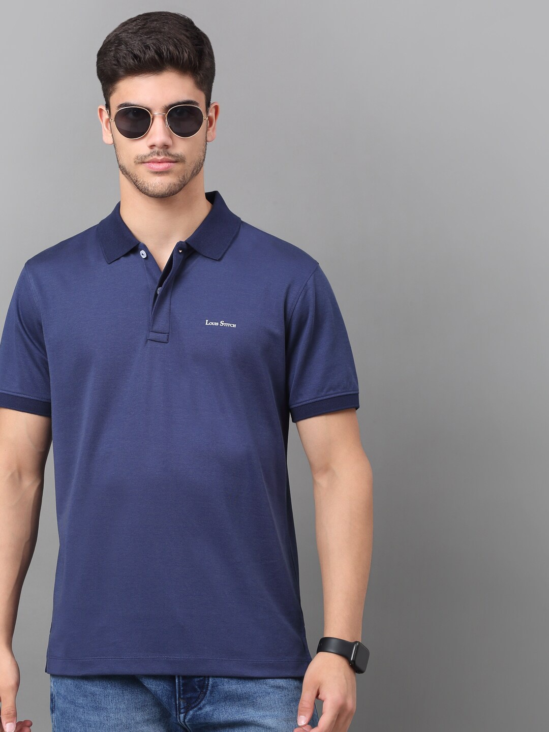 

LOUIS STITCH Men Navy Blue Polo Collar Slim Fit T-shirt