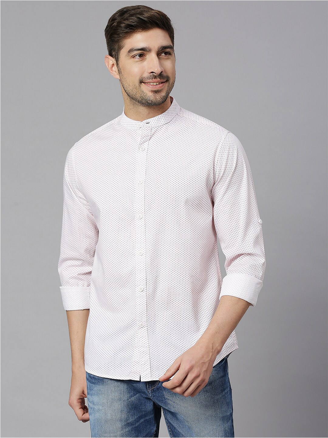 

HERE&NOW White Classic Slim Fit Printed Mandarin Collar Pure Cotton Casual Shirt