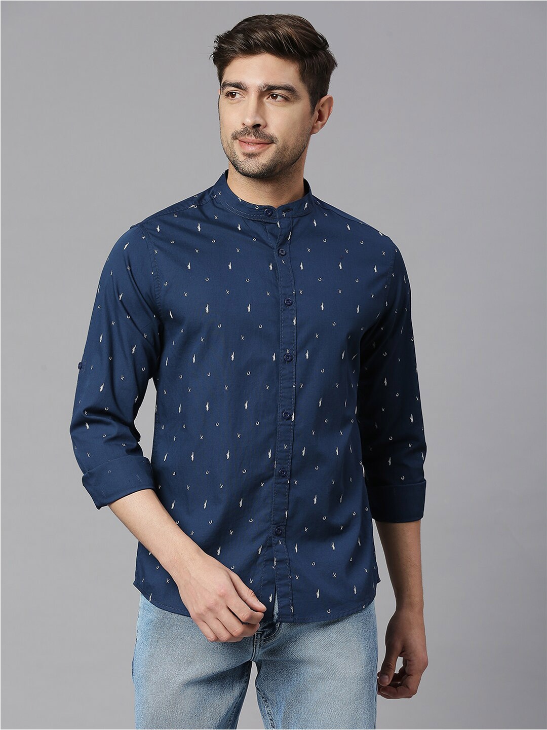 

HERE&NOW Navy Blue Classic Slim Fit Printed Mandarin Collar Pure Cotton Casual Shirt