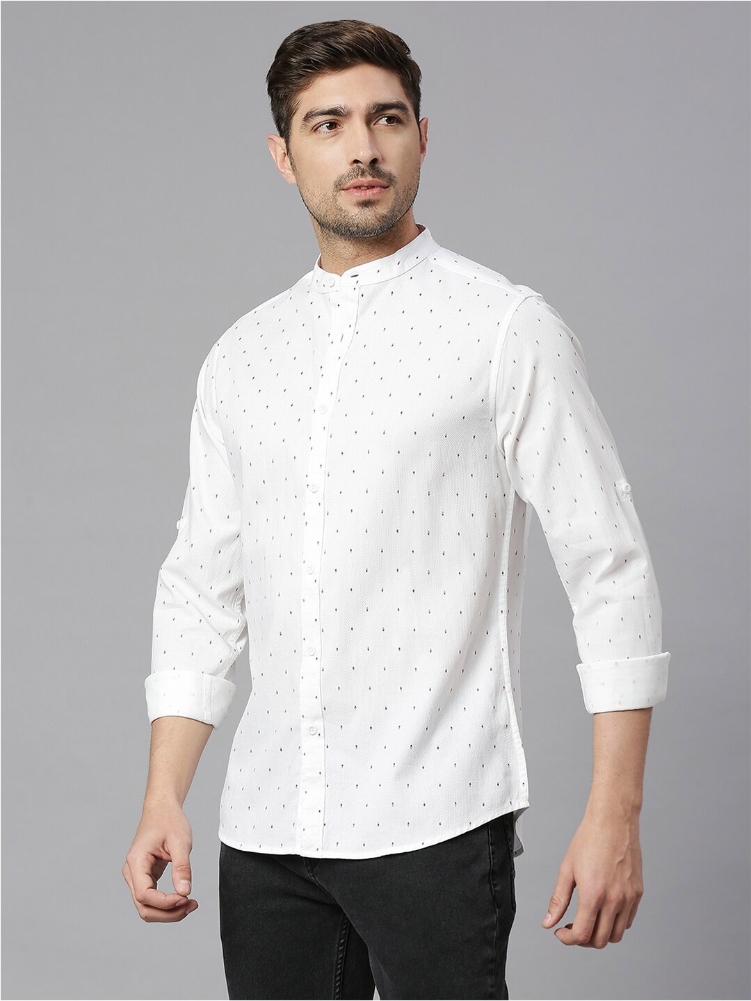 

HERE&NOW White Classic Slim Fit Printed Mandarin Collar Pure Cotton Casual Shirt