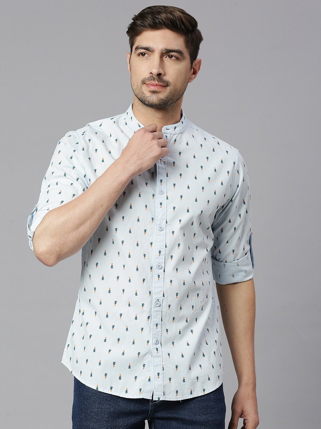 

HERE&NOW Blue Classic Slim Fit Floral Printed Mandarin Collar Pure Cotton Casual Shirt