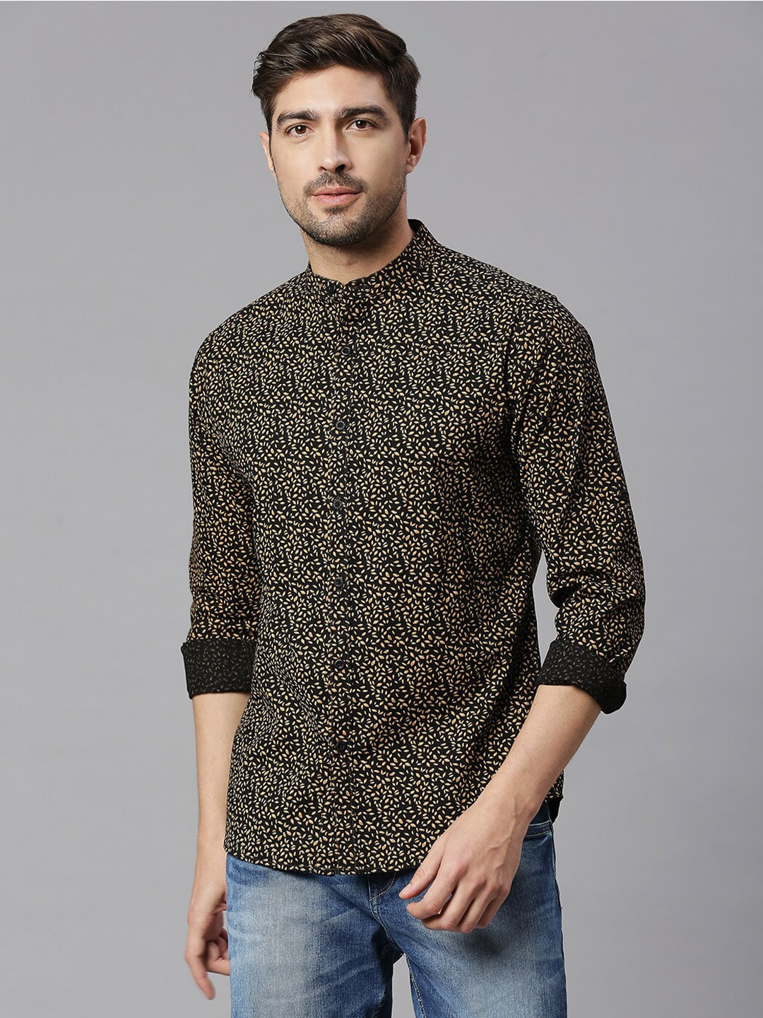 

HERE&NOW Black & Brown Classic Slim Fit Printed Mandarin Collar Pure Cotton Casual Shirt