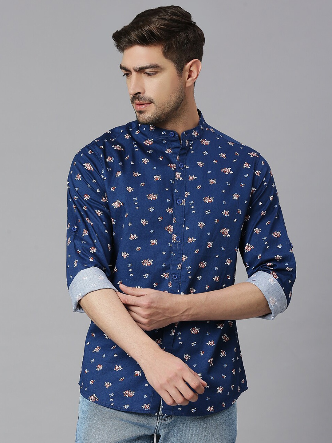 

HERE&NOW Navy Blue Classic Slim Fit Printed Mandarin Collar Pure Cotton Casual Shirt