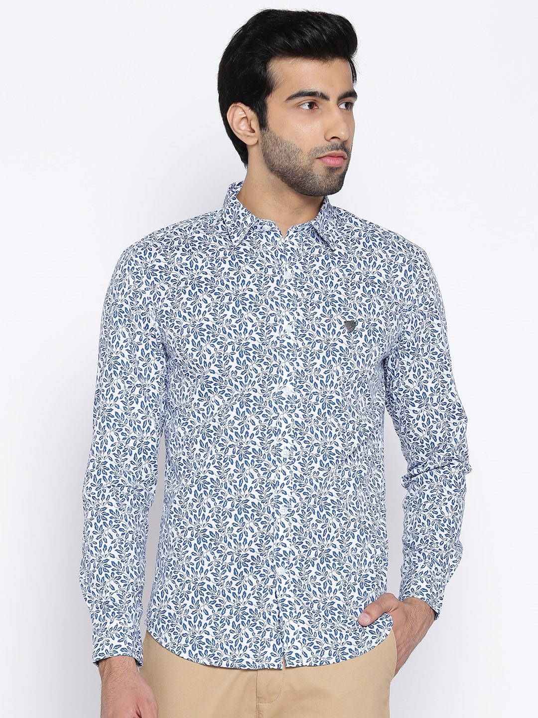 

John Players Men White & Blue Printed Casual Shirt