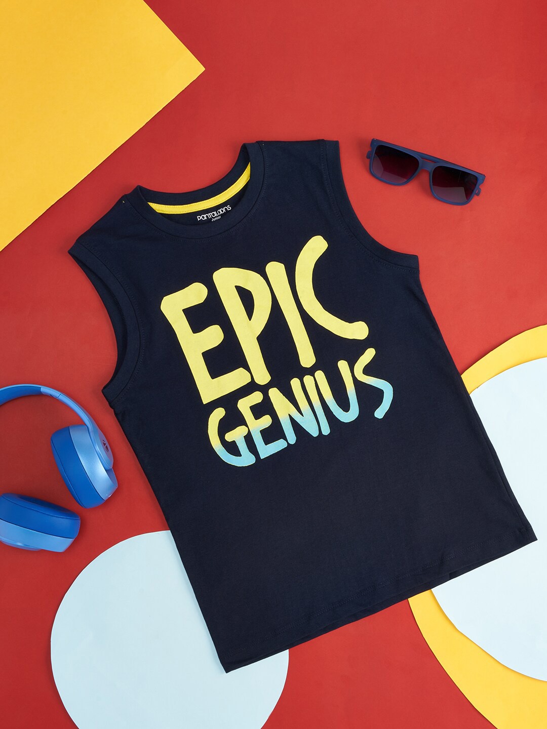 

Pantaloons Junior Boys Typography Printed Cotton T-shirt, Navy blue