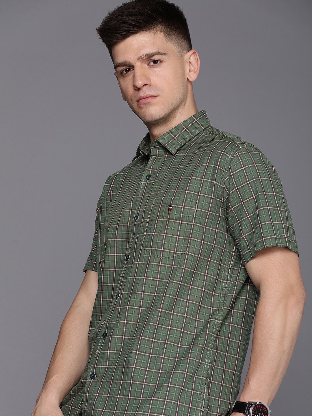 

Louis Philippe Sport Pure Cotton Slim Fit Checked Casual Shirt, Olive