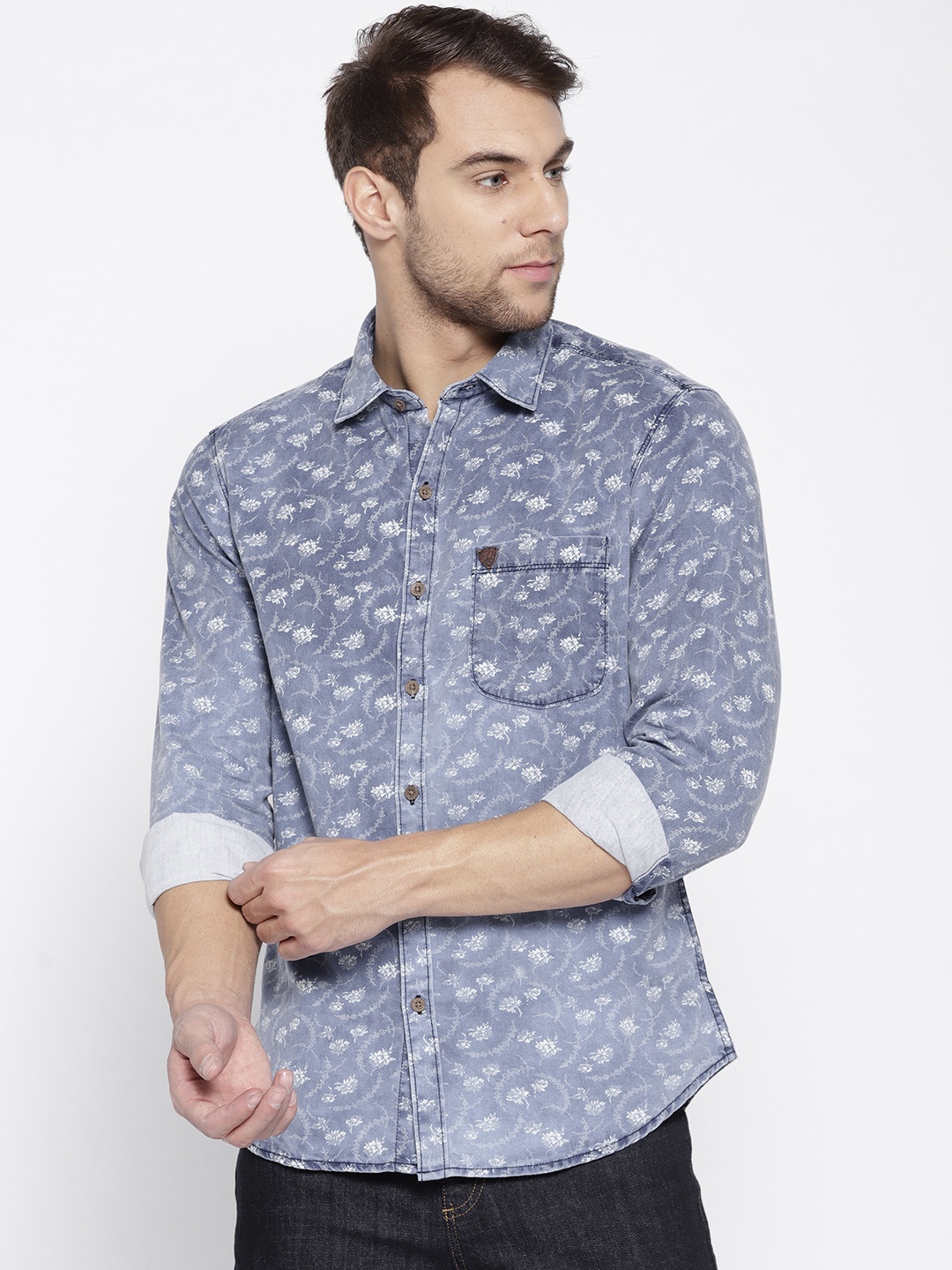 

John Players Men Blue & White Printed Denim Casual Shirt