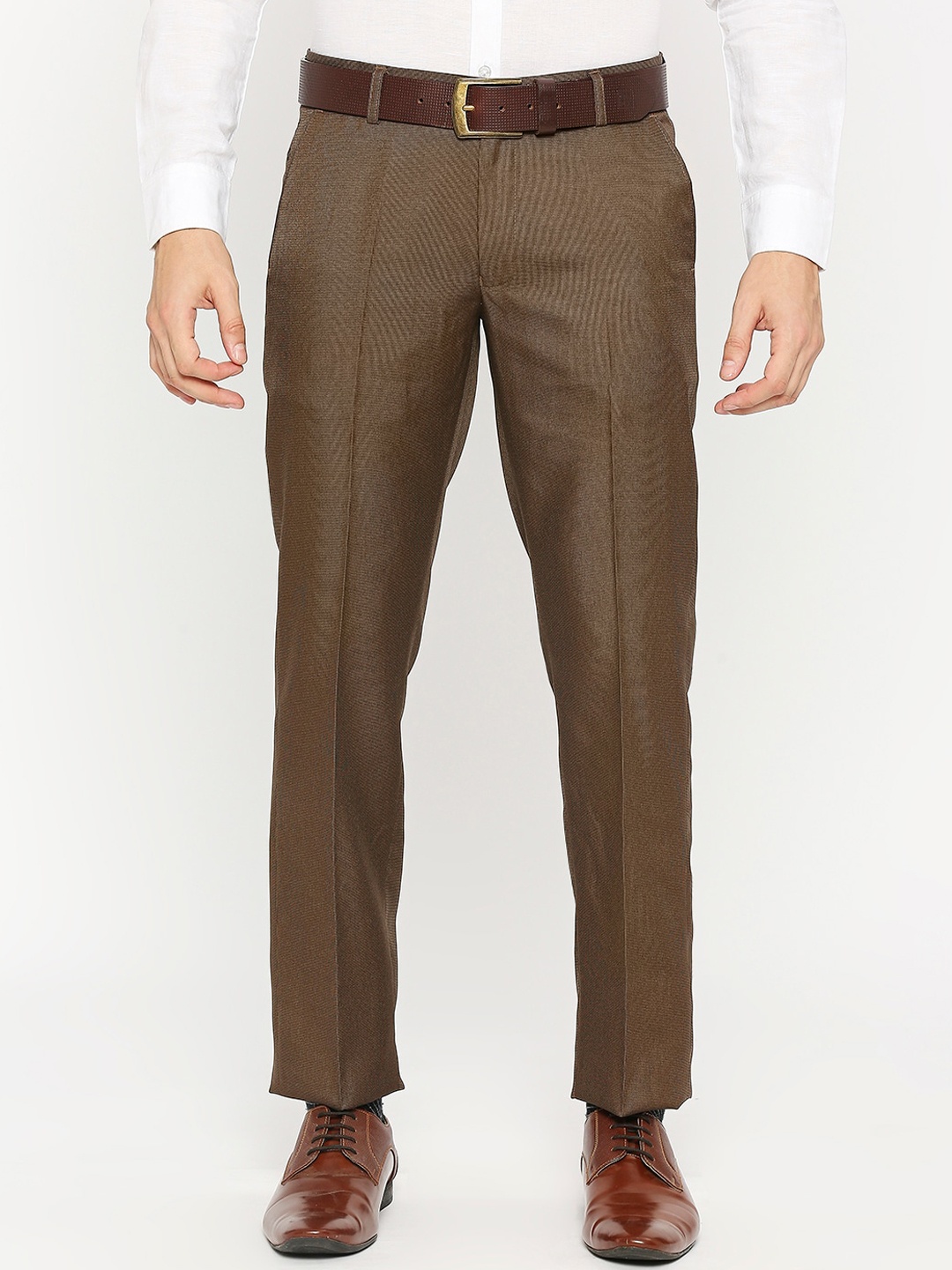 

Solemio Men Textured Self Design Formal Trousers, Brown