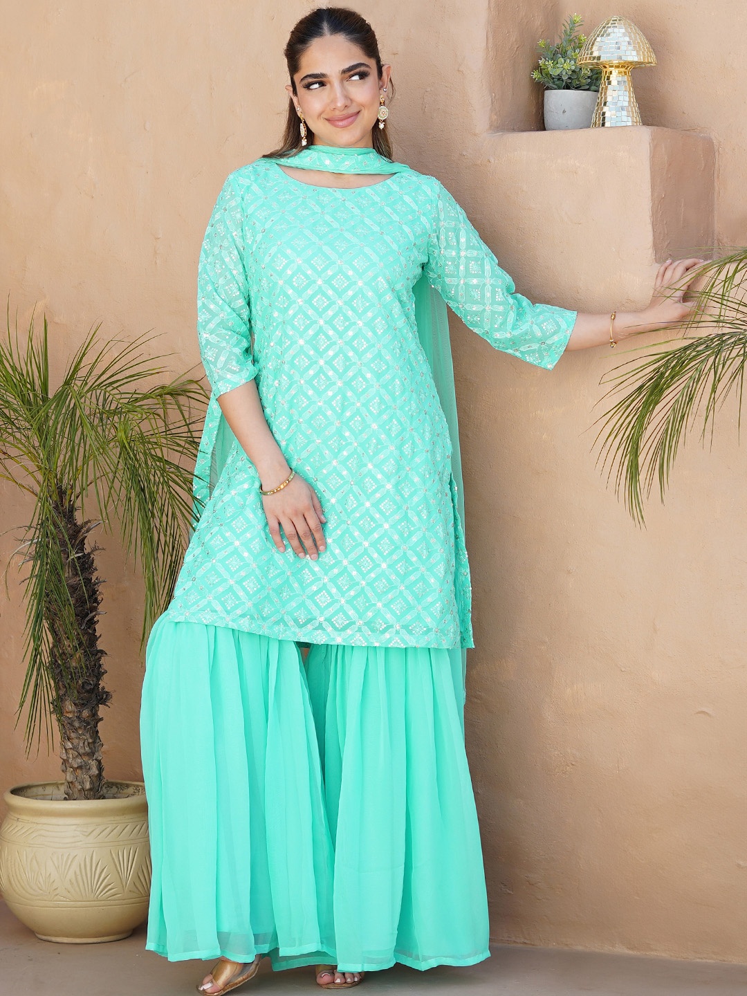 

Libas Women Ethnic Motifs Embroidered Regular Sequinned Kurta with Sharara & With Dupatta, Sea green