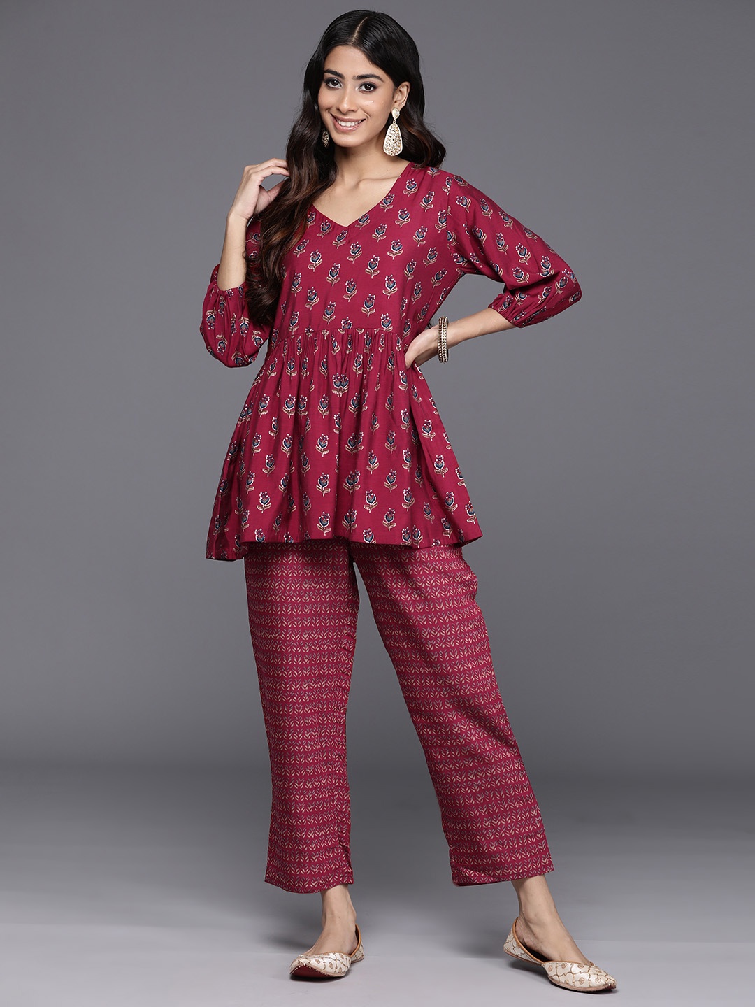 

Libas Women Printed Top with Trousers, Maroon
