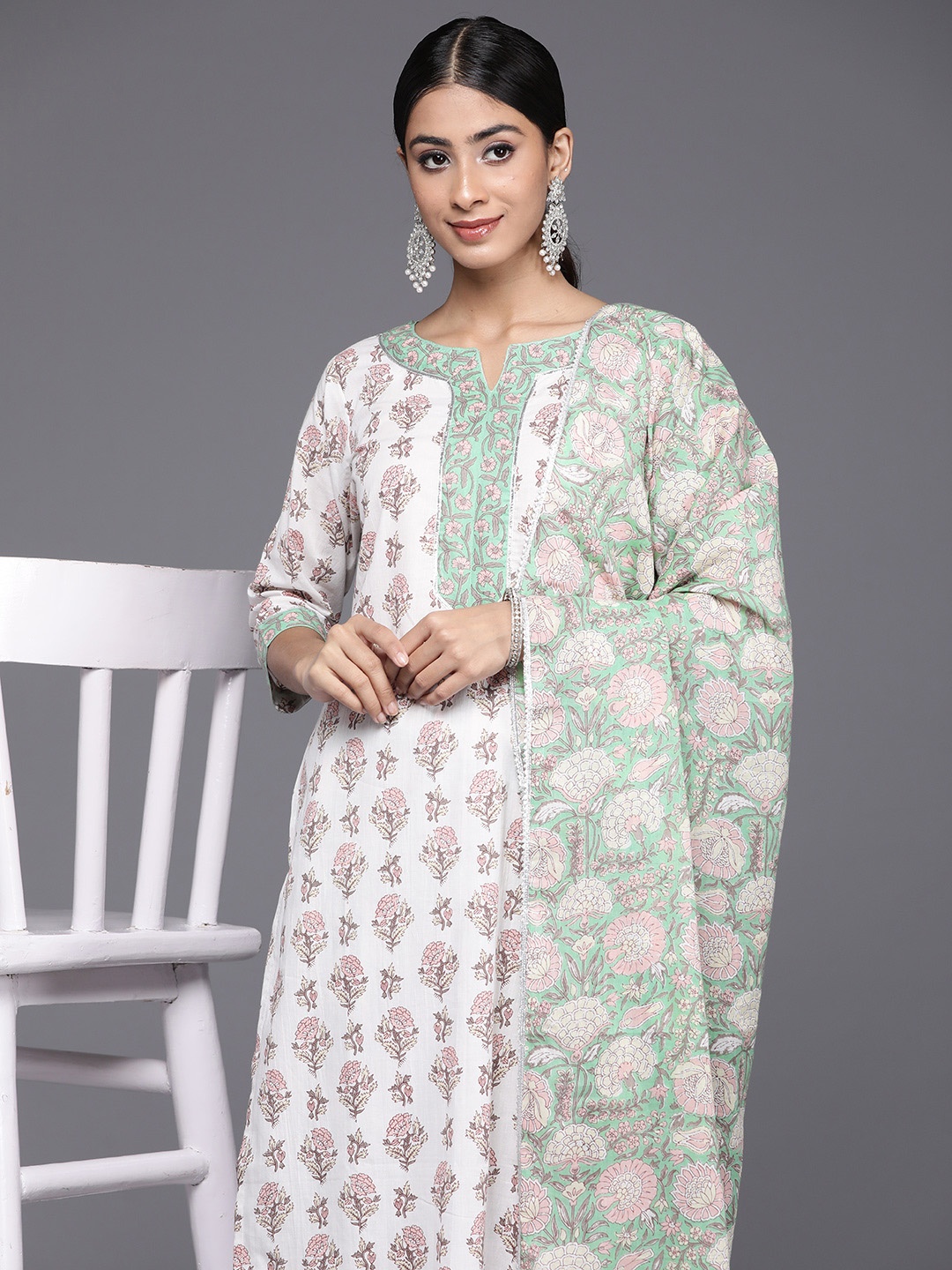 

Libas Women Floral Printed Gotta Patti Pure Cotton Kurta with Salwar & With Dupatta, White