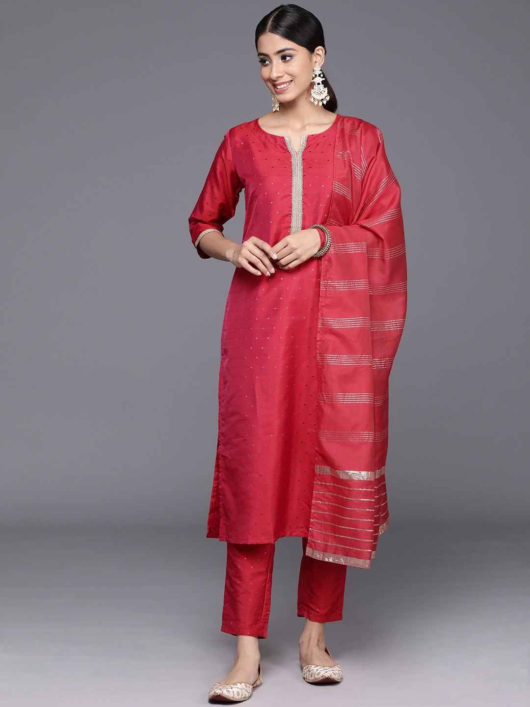 

Libas Women Yoke Design Regular Gotta Patti Kurta with Trousers & With Dupatta, Red