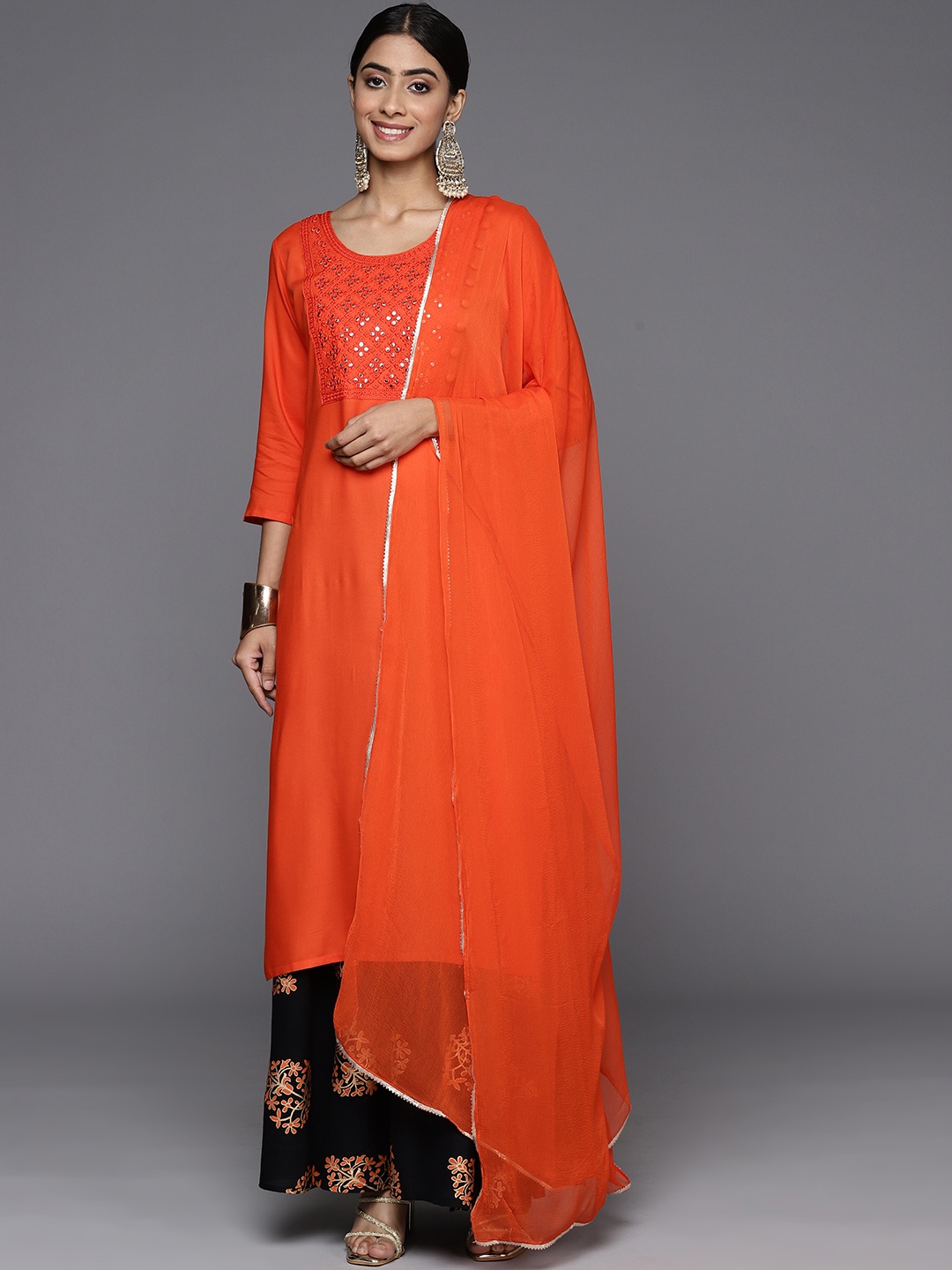 

Libas Floral Yoke Design Regular Mirror Work Kurta with Skirt & Dupatta, Orange