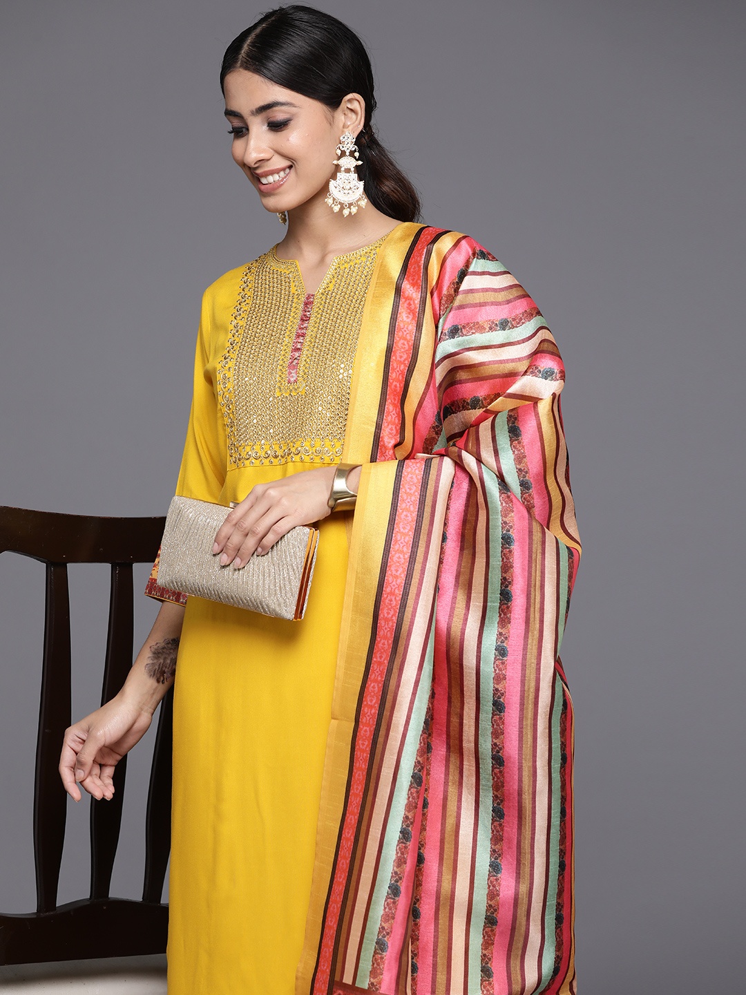 

Libas Women Ethnic Motifs Yoke Design Regular Kurta with Trousers & With Dupatta, Yellow