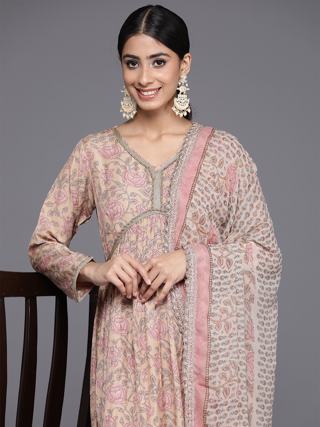 

Libas Women Floral Printed Pleated Beads and Stones Kurti with Sharara & With Dupatta, Nude