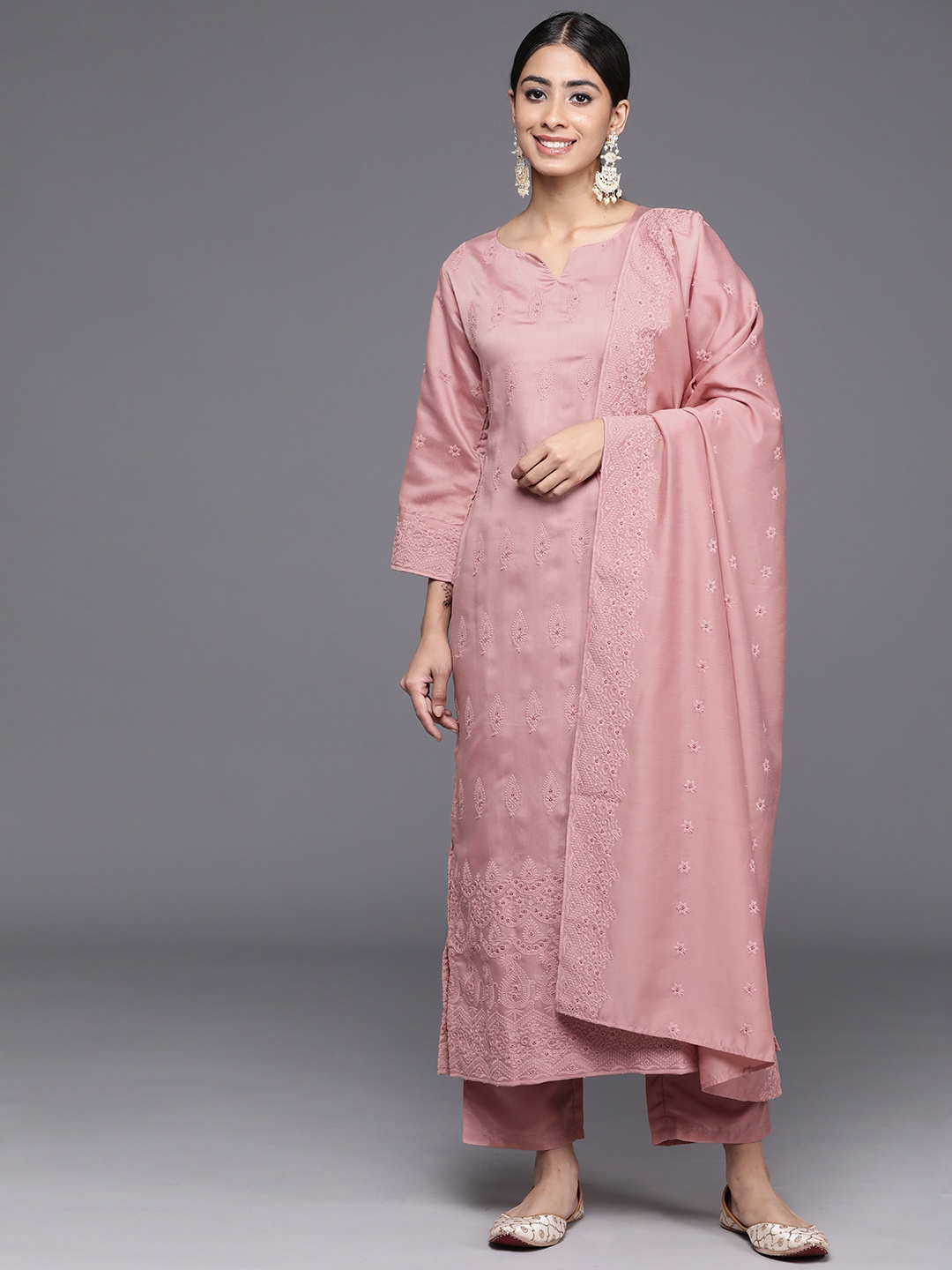 

Libas Ethnic Motifs Embroidered Thread Work Chanderi Silk Kurta with Trousers & Dupatta, Pink