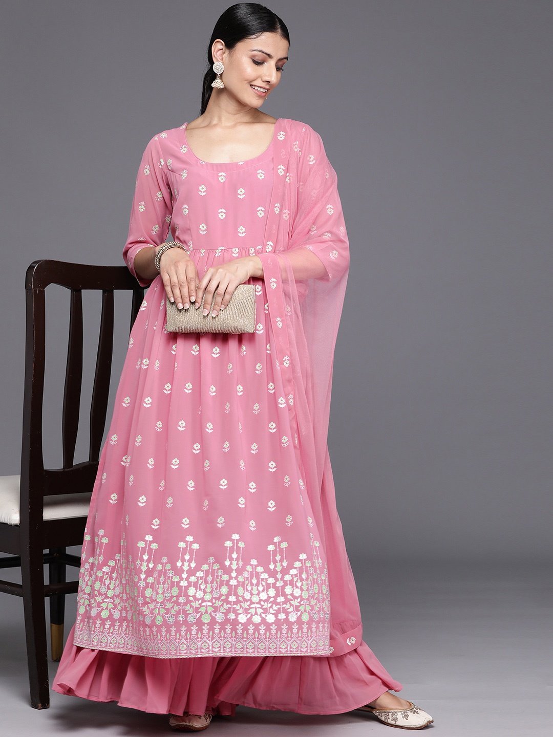 

Libas Women Floral Printed Pleated Kurta with Palazzos & With Dupatta, Pink