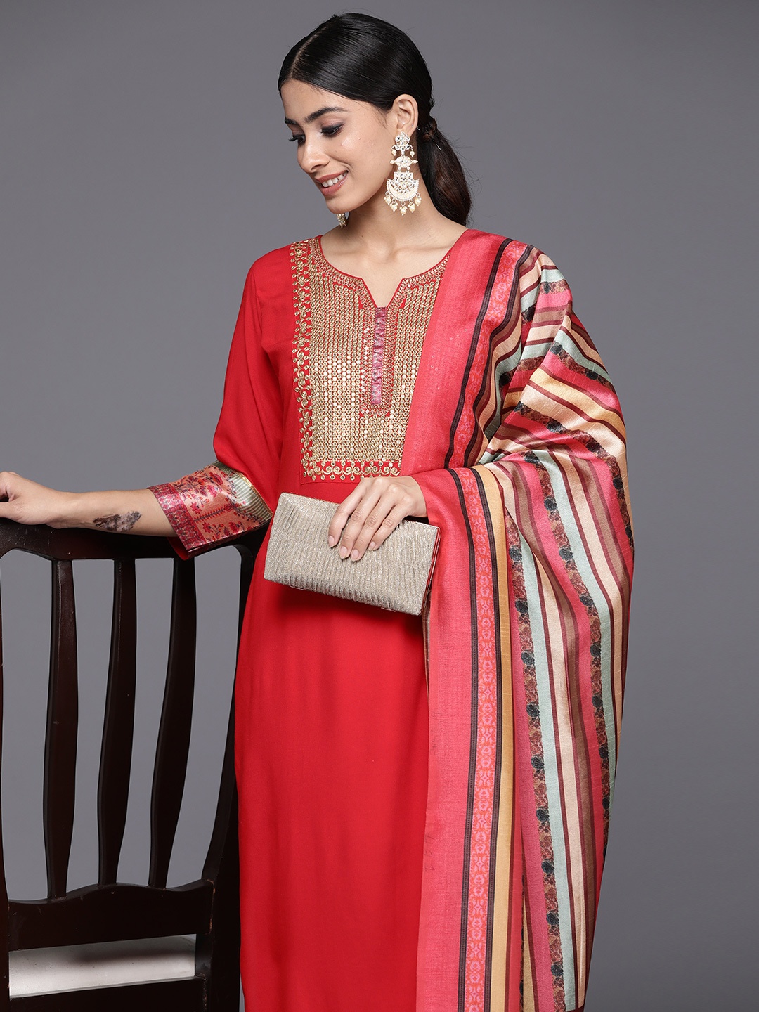 

Libas Women Ethnic Motifs Yoke Design Regular Kurta with Trousers & Dupatta, Red
