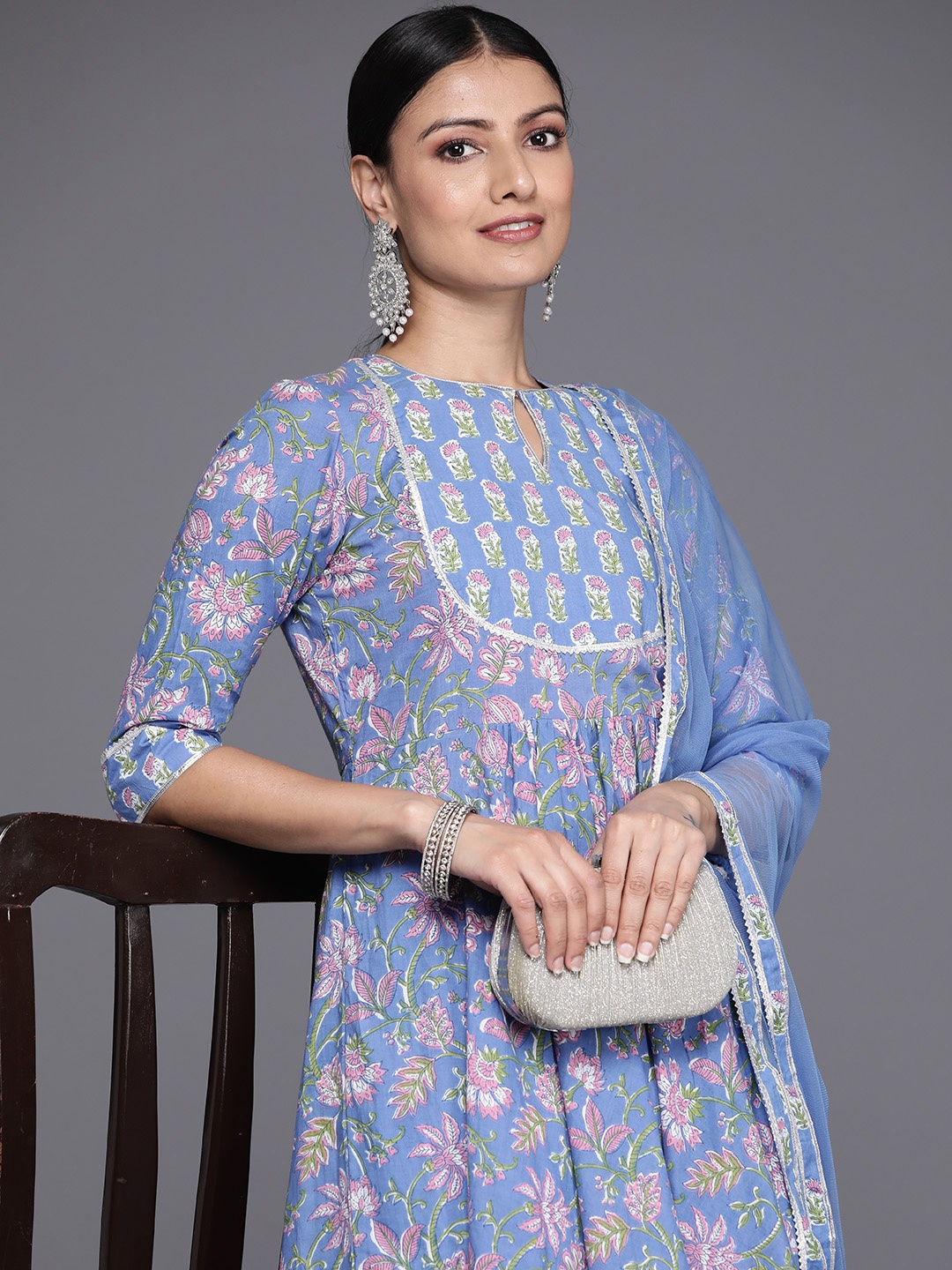 

Libas Women Floral Printed Regular Gotta Patti Pure Cotton Kurta with Trousers & Dupatta, Blue