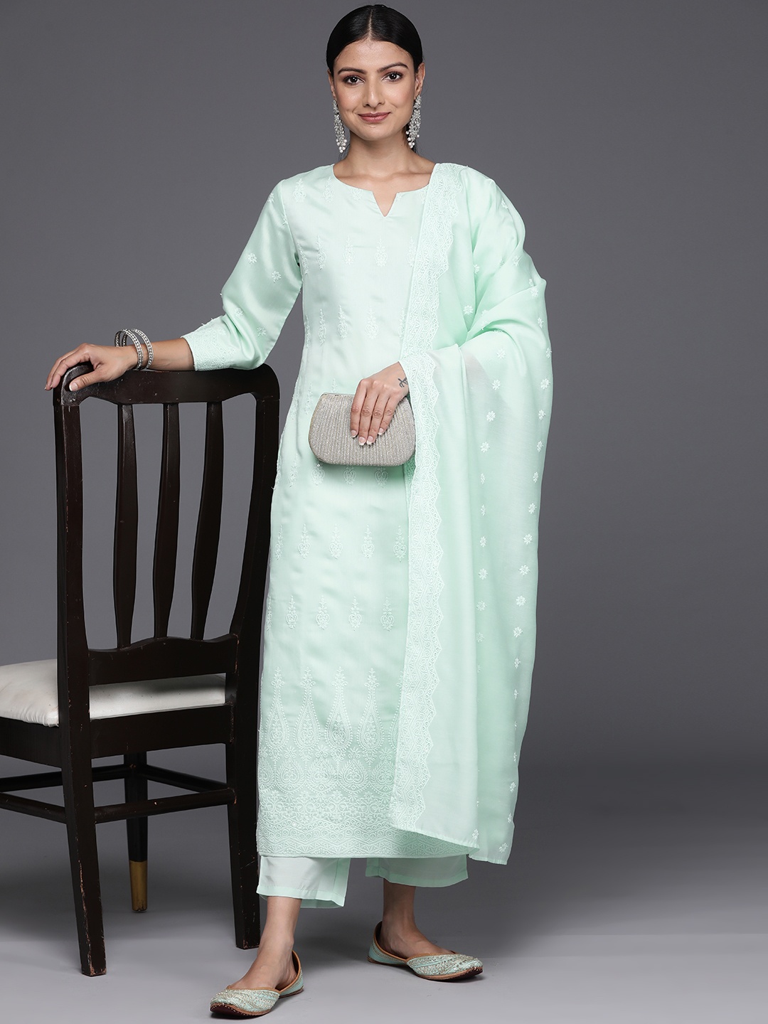 

Libas Women Floral Embroidered Thread Work Chanderi Silk Kurta with Trousers & Dupatta, Sea green