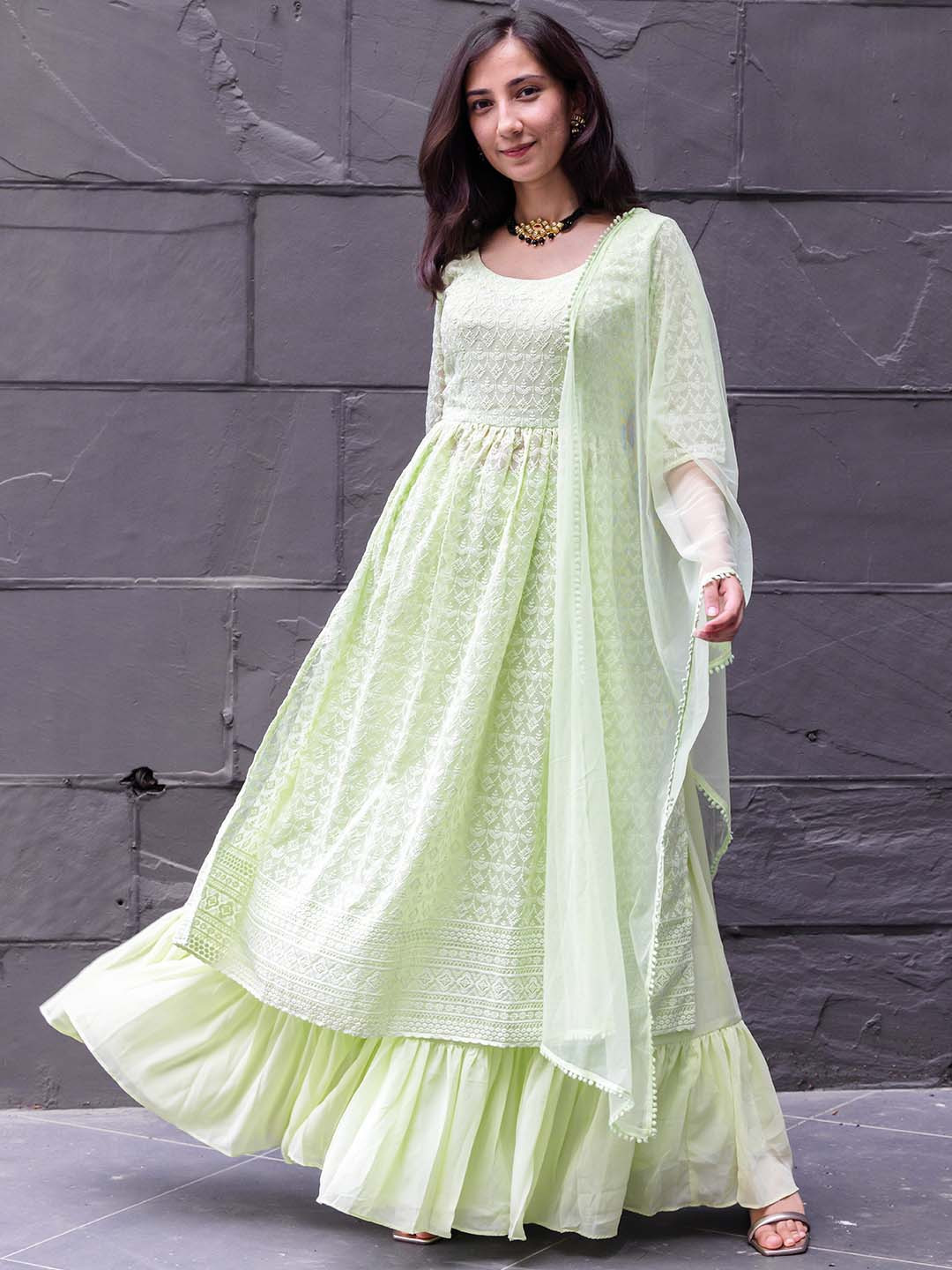 

Libas Women Ethnic Motifs Embroidered Chikankari Kurta with Palazzos & Dupatta, Green