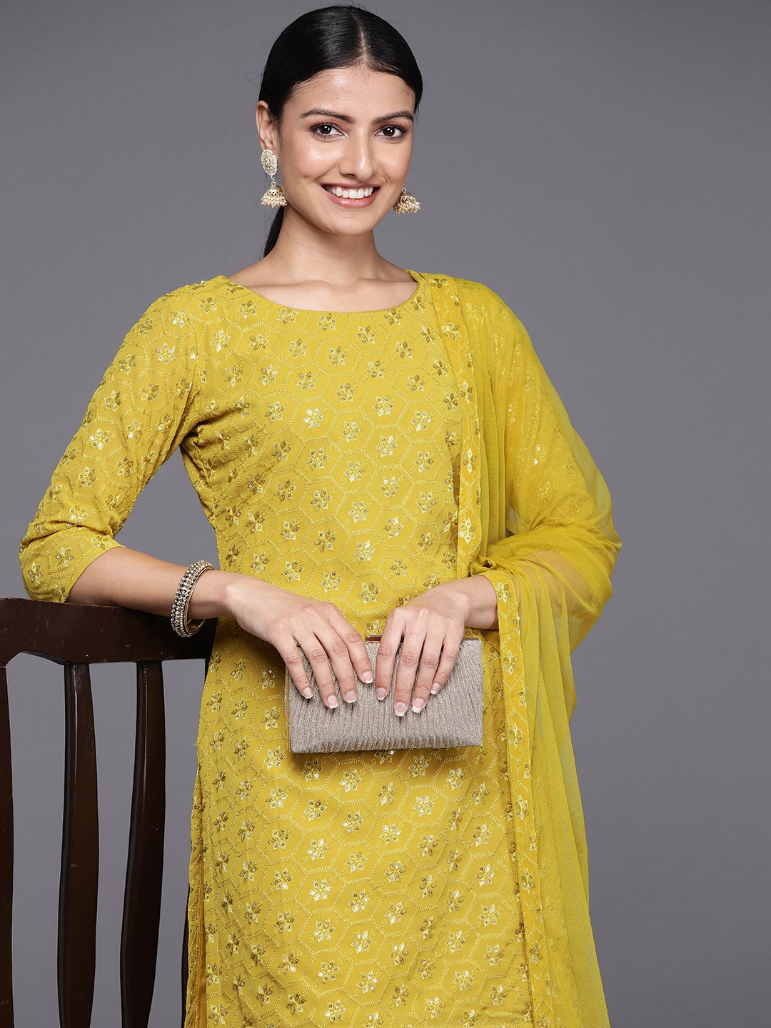 

Libas Women Ethnic Motifs Embroidered Regular Sequinned Kurta with Sharara & With Dupatta, Yellow