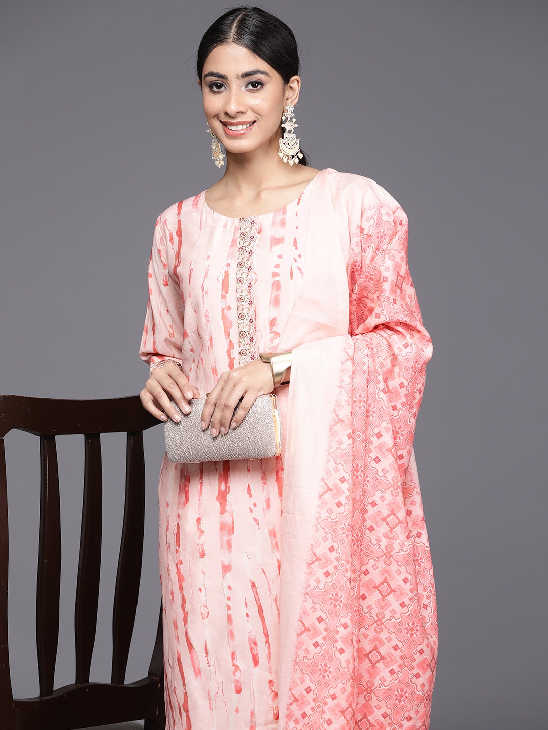 

Libas Women Printed Regular Sequinned Kurta with Trousers & With Dupatta, Peach