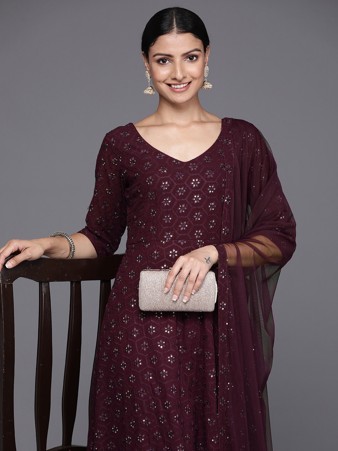 

Libas Women Ethnic Motifs Embroidered Sequinned Kurta with Churidar & With Dupatta, Burgundy